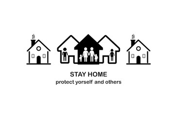 Stay home with family icon.stay home-protect yourself and others.. Stay home coronavirus awareness quarantine and social distancing measures to prevent virus spread sign