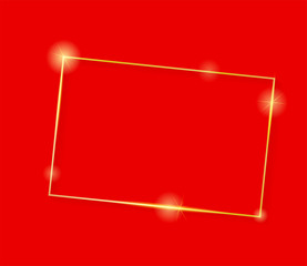 Gold shiny glowing vintage frame with shadows isolated on red background. Golden luxury realistic rectangle border. Vector