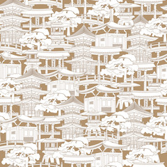 Japanese seamless pattern. Contour houses, pagodas and torii on a brown background. Vector endless print for fabric, textile, paper and wallpaper on the wall.