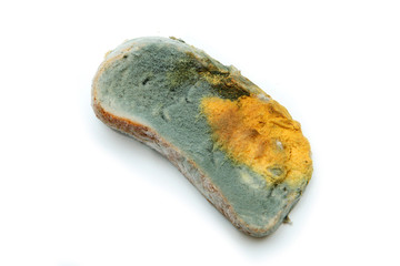 The picture of a fully mouldy bread because of the wrong storage. Rotten and uneatable. Isolated on white background. 