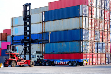 Container forklift trucks and trucks in the container yard