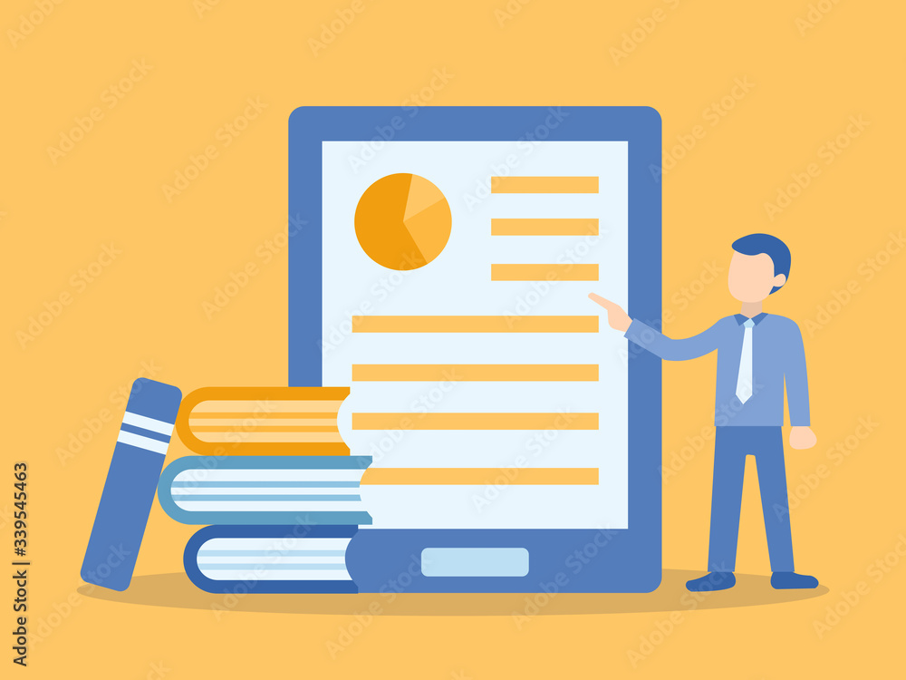 Poster man teaching online course in tablet. illustration about e-learning and online course.