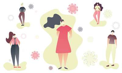 Woman in the middle surrounded by people standing away. Social distance concept during Coronavirus time. Stay safe, wear masks and don't make contacts. Flat illustration.