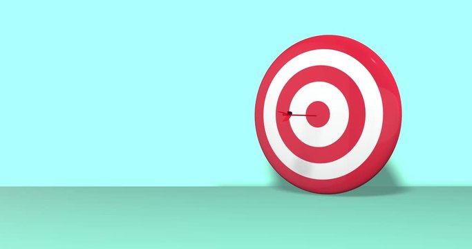 Arrow hitting the center of glossy bullseye. Target with arrow success. Pastel colors concept.  Concept of vision and aim for business.  4k video animation