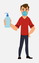 young boy wear face mask and show hand sanitizer bottle