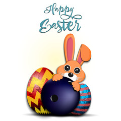 Happy Easter. Easter eggs, rabbit and bowling ball