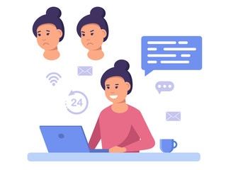 Work from home. Freelance Business woman at his desk is working on the laptop computer. Vector illustration in flat style.