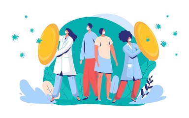 Doctors protect citizens from virus vector illustration. People and physician character wearing face mask fight against covid-19, medical worker with shield, front line for coronavirus.