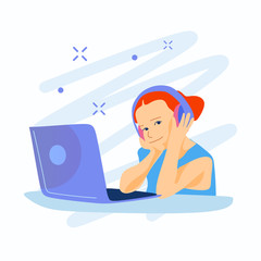 Illustration of a Little Girl Typing Away on Her Laptop A happy school girl with red hair sitting at a laptop and listens to music. Cartoon style. Modern vector design. For web pages, social media.