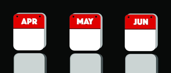 Blank April, May, June, Calendar Red and White reflective Button icon set, internet like for business, education, today or holiday use	