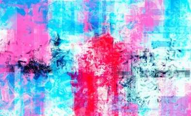 Artistic banner with chaotic brush strokes, digital abstract painting. Beautiful random colors background artwork. Painting in red and turquoise colors scheme with an accents