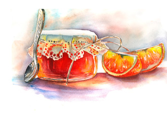 Jam Orange. Watercolor Illustration. Botanical realistic. Can be used as invitations, postcards, textile design, patterns, prints for kids or kitchen. Healthy Organic Diet.