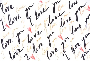 background with handwritten lettering and hearts, i love you