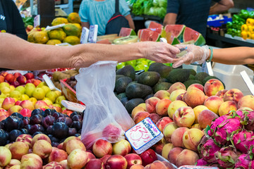 Variety of fresh peaches, grapes, watermelon, avocado and dragon fruits at the Fremantle market in...