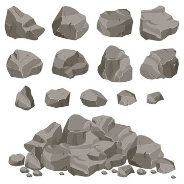Set of stones of various shapes. Rocks and debris of the mountain. Huge block of stones