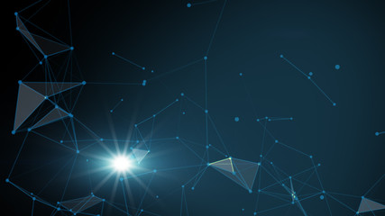 Technology network and communication with line and dot moving with transfer information data line and dot on blue background. Network background science concept.