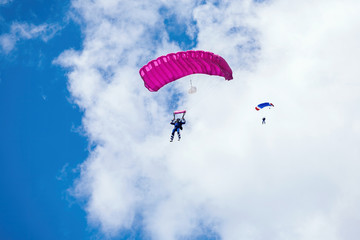 man flies on a parachute at the summer air show