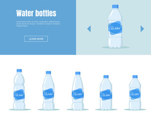 Drink water in plastic bottle set on white background website design. Water Delivery Service Banner Horizontal Set Logistic Business Industry Flat Design Style.