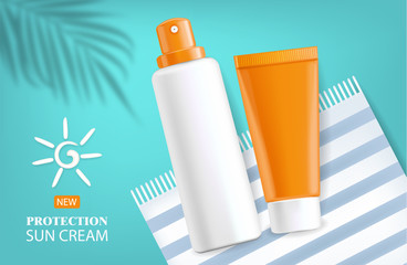 Sun cream realistic, spray and face cream isolated, protection cosmetics, vector illustration