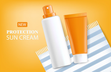 Sun cream realistic, spray and face cream isolated, protection cosmetics, vector illustration