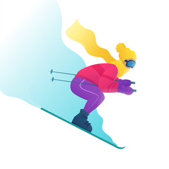 Skier in ski clothes and goggles skiing downhill. Ski resort vector illustration in cartoon style. Winter seasonal recreation in mountings. Woman goes downhill skiing. Wintertime vacation