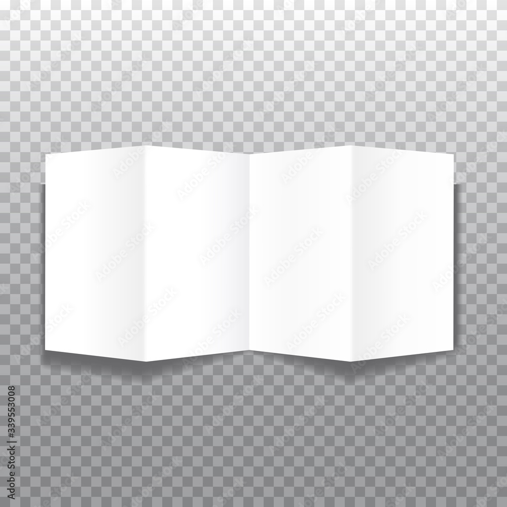 Poster realistic bifold paper brochures on transparent background with soft shadows. white open booklet tem