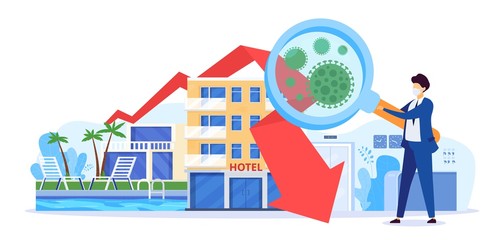 Obraz na płótnie Canvas Crisis in hotel business vector illustration. Virus depression decline profit chart. Empty quarantine hotel, man in business suit through magnifying glass examine collapse cause, bacteria covid19.