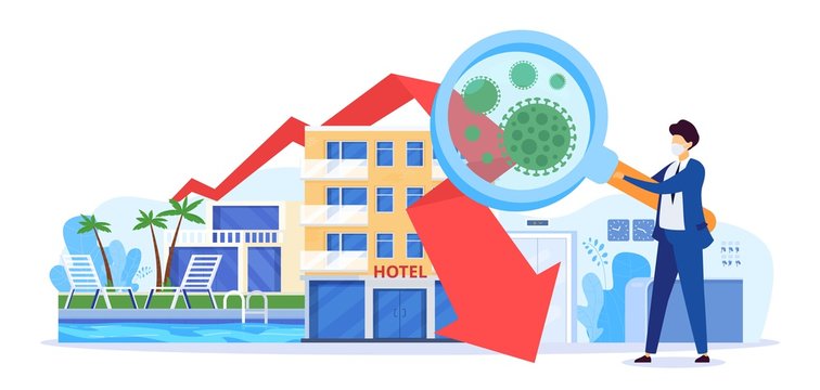 Crisis in hotel business vector illustration. Virus depression decline profit chart. Empty quarantine hotel, man in business suit through magnifying glass examine collapse cause, bacteria covid19.