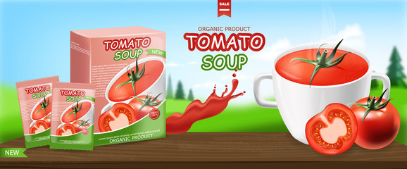 Tomato soup package realistic, instant soup, natural product, fresh tomatoes, isolated packaging, vegetarian food, landscape background vector illustration