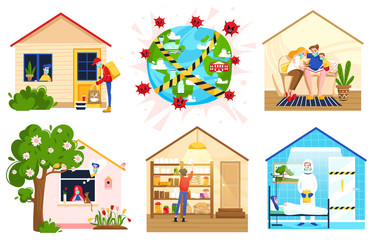 Obraz na płótnie Canvas Stay at home people self-isolation quarantine work at home vector illustration. Social distance. People do cleaning, their favorite hobby, spend time with family. Masked people covid virus protected.
