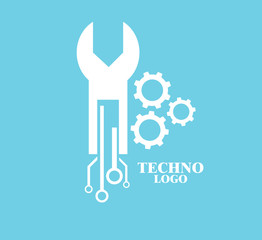 Tehno logo, construct icon, mechanical engineering banner, simple text and logo vector illustration