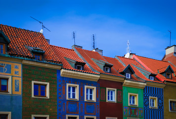 Fototapeta premium Narrow colored houses on the central square of a European medieval city. Poland, Poznan.