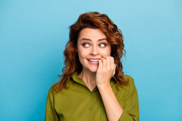 Portrait of enthusiastic cute sweet pretty lovely girl bite nails cant wait her wish desire gift...