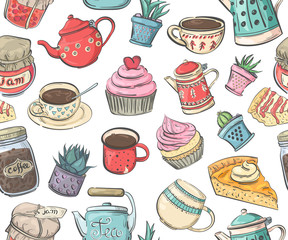 Seamless pattern with cakes, cups, coffee pots and teapots