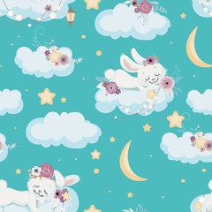 Seamless background with sleeping bunny on cloud