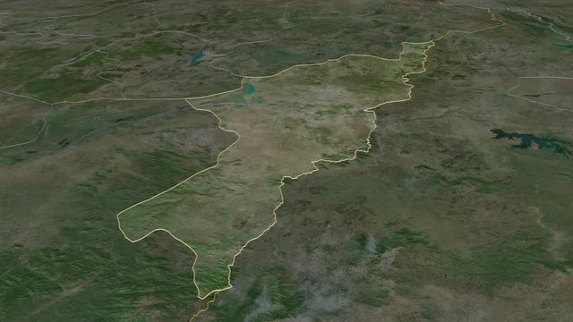 Adamawa, state with its capital, zoomed and extruded on the satellite map of Nigeria in the conformal Stereographic projection. Animation 3D