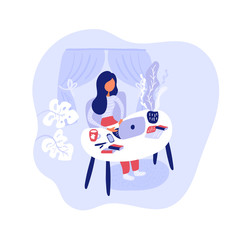 Vector illustration of woman freelancer working with her laptop during quarantine stay home. Illustration in flat style work from home office. Prevent infection spreading