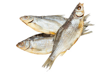 three dried fish on a white background for your design or beer bar menu