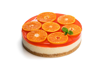 Naklejka na ściany i meble Delicious cheese cake with jellied layer and oranges on top isolated on white