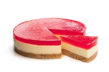 Delicious cheese cake with jellied layer on top isolated on white
