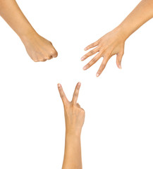 hands making sign as rock paper and scissors isolate on white.