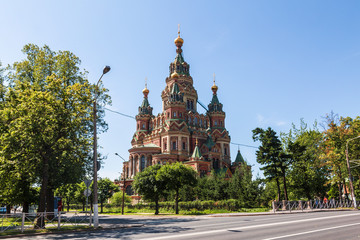 Fototapeta na wymiar The Cathedral of Saints Peter and Paul. Orthodox Church located in Novy Peterhof. Saint Petersburg, Russia