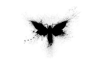 Black silhouette of a butterfly with paint splashes, splatters and blots isolated on a white background.