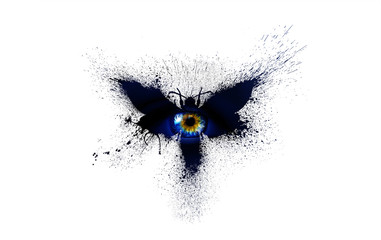 Beautiful silhouette of a butterfly in dark blue colors with multi-colored human big eye in the center of the butterfly with paint splashes, splatters and blots isolated on a white background.