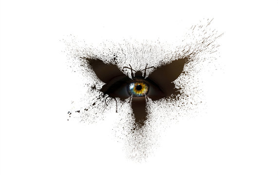 Beautiful Silhouette Of A Butterfly In Dark Brown Colors With Multi-colored Human Big Eye In The Center Of The Butterfly With Paint Splashes, Splatters And Blots Isolated On A White Background.