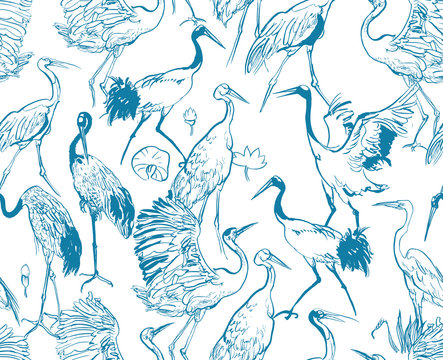 Seamless Pattern Isolated Elements Exotic Birds Wildlife Animals Safari Fine Line Drawing, Wild Birds on Water, Lake with Lotus Flowers, Fauna Linear Drawing Illustration Blue on White Background, 