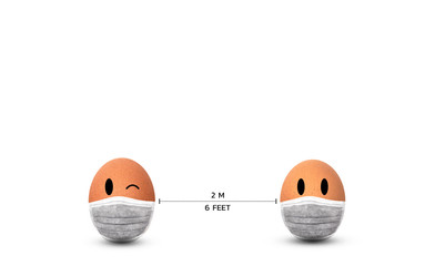 Two egg social distancing with white background and space for text