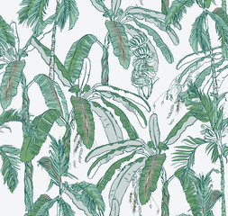 Seamless Pattern Layers of Palms Banana Trees Tropical Jungle in Blue and Green Colors, Oriental Wallpaper Design Banana Leaves, Fruits Rainforest, Vintage Summer Realistic Drawing Paradise on White 