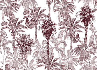 Deep Jungle Forest Tropical Palms with Sloath Etching Drawing, Wildlife Tropical Life Toile Illustration Brown on White Background, Monochrome Vintage Engraving Jungle Rainforest India Nature - 339564486