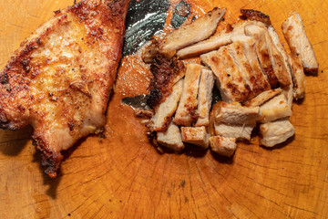 Grilled pork, wood cutting board